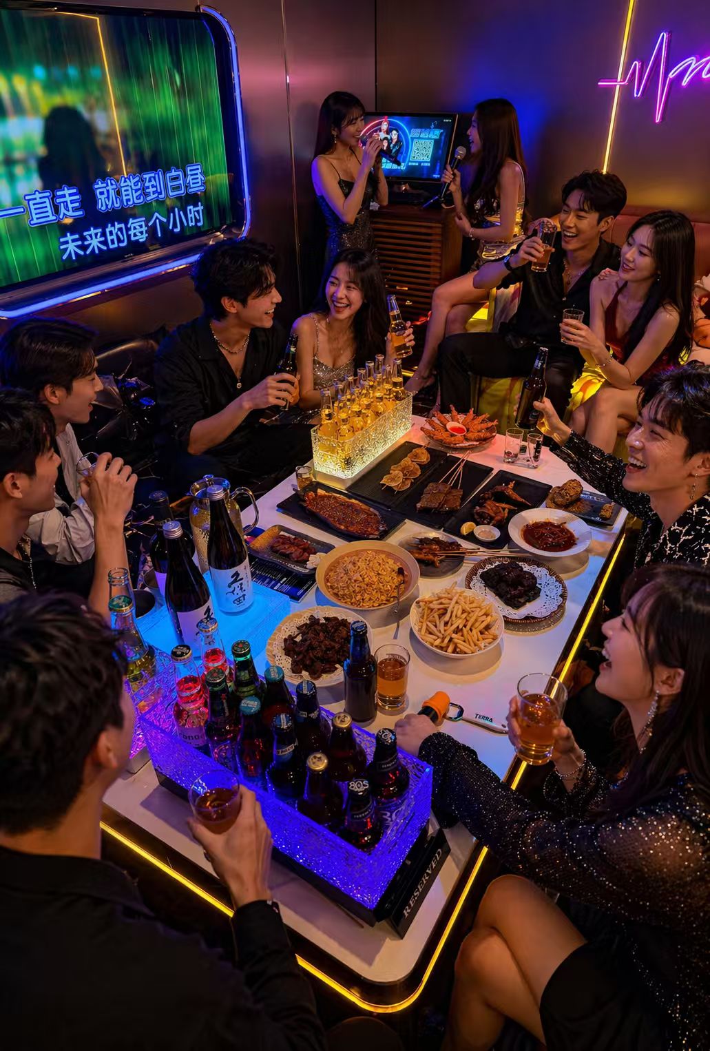 Friends dining and toasting in a neon-lit restaurant