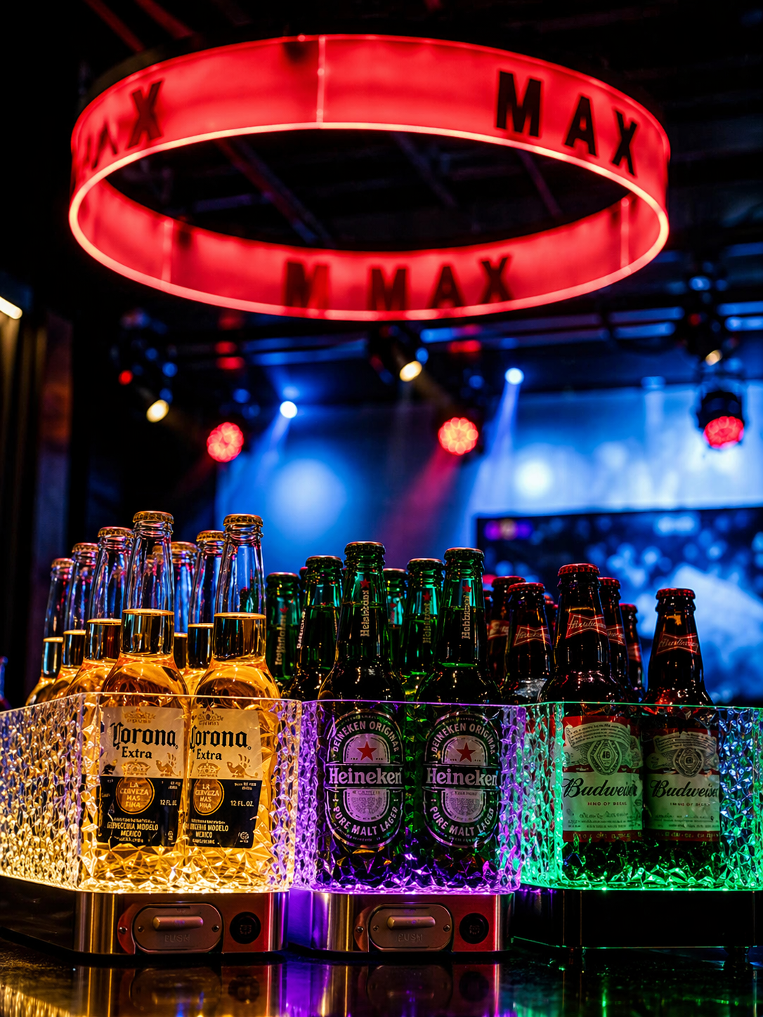 MAX neon ring and beer bottles