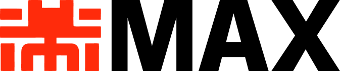 Red abstract geometric symbol followed by the word "MAX" in bold black capital letters on a light background.
